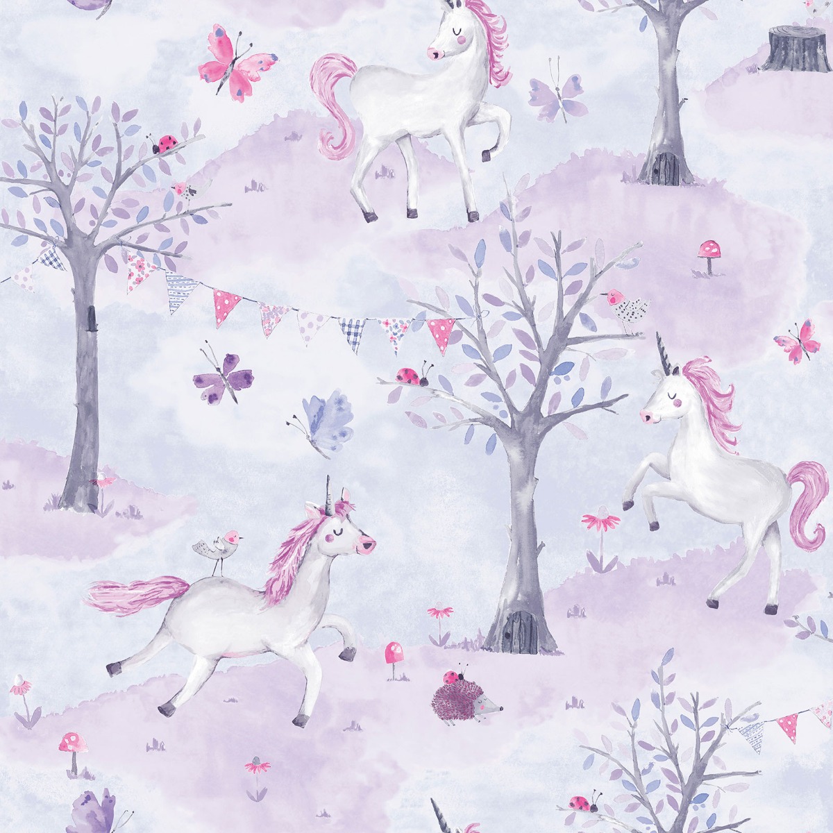 Little Ones Eco Unicorn Wallpaper Lilac Grandeco Lo2101